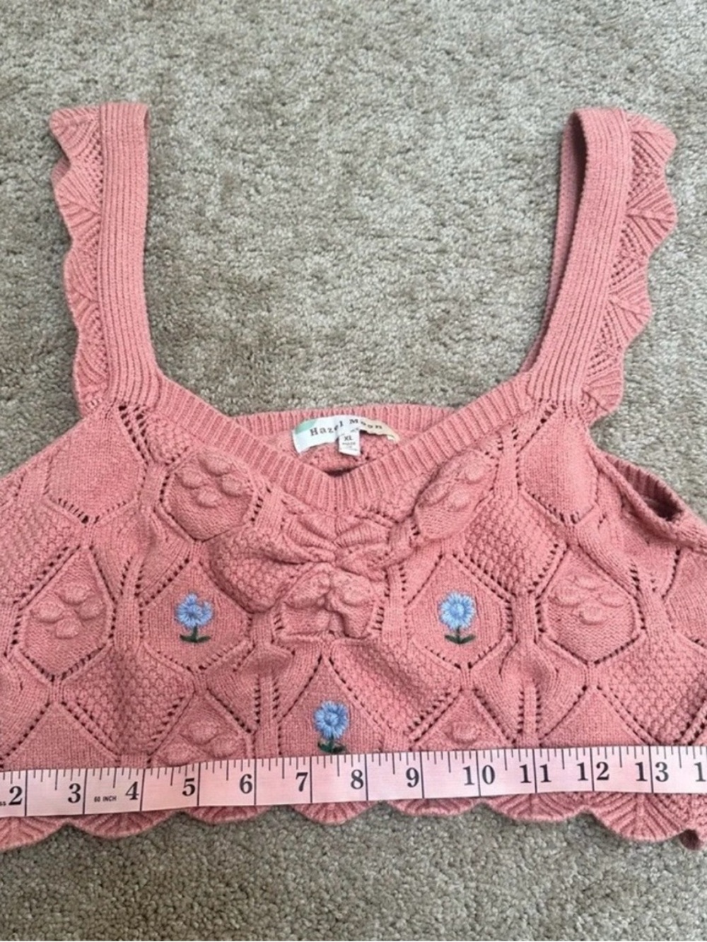Crochet Floral Embroidered Crop Top Cottagecore Coquette Soft Pink XL Stretchy - Picture 5 of 7